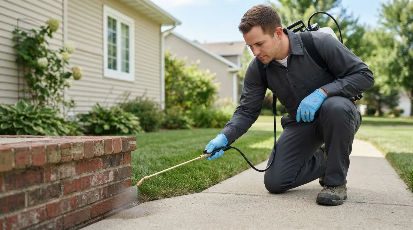 Pest control technician treating a home near Oberlin, KS
